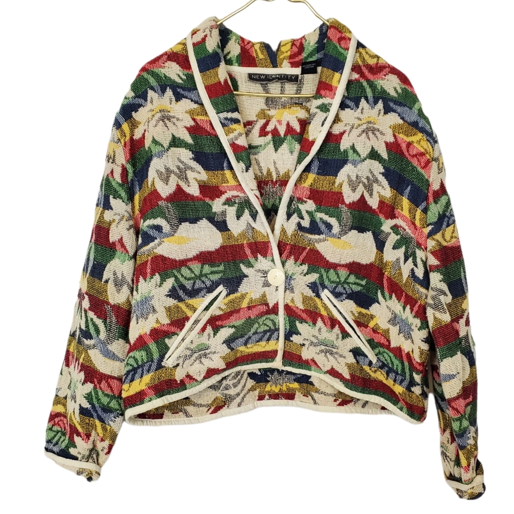 New Identity Vintage Tapestry Cotton Crop Top Jacket With Leaves and Stripes